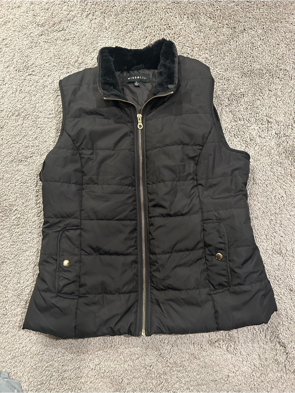 Miss Lili Black Quilted Faux Fur Collar Vest